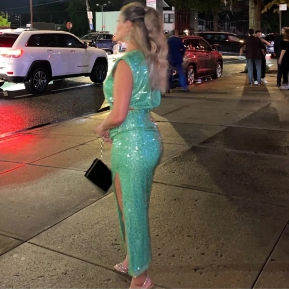 Zara NWT sea green sequin midi cut out dress 7990/908 - Picture 4 of 10